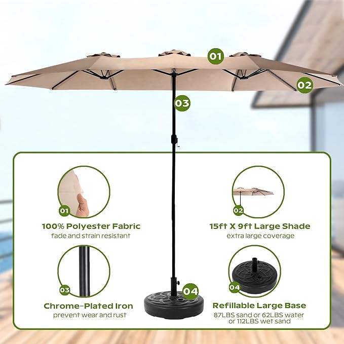 15ft Umbrella Outdoor Patio - Double-Sided Large Market Rectangle Umbrellas with Crank Handle for Patio Garden Yard Pool (No Base)