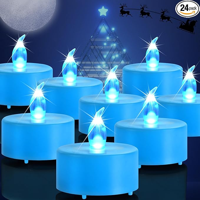 Battery Operated Tea Lights Candles,Flameless Led Electric Fake Candle, 24 Pack Realistic Flickering Votive Tealight, Long Lasting 200+Hours, for Wedding Party Home Decoration (Blue)