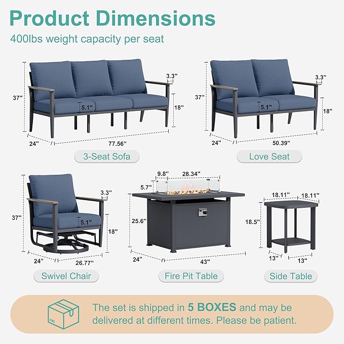 7-Seat Outdoor Patio Furniture Set with Rocking Swivel Chair, Aluminum Sectional Sofa Patio Conversation Set with 55,000 BTU Fire Pit Table & High Backrest & Thickened Cushions, Navy Blue
