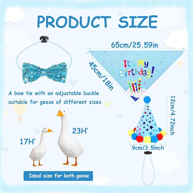Birthday Outfit Set for Porch Goose Statue 23"& 17" - Party Bandana, Hat & Bow Tie for Outdoor Yard Decor, Cement Goose
