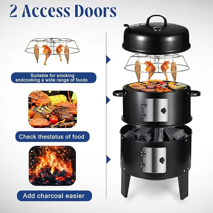 3-in-1 Vertical Charcoal Smoker Grills For Backyard Barbecues, 17 Inch Portable Smoker bbq Grill with Thermometers and 2 Access Doors for Parties Outdoor Camping Cooking (17 Inch)