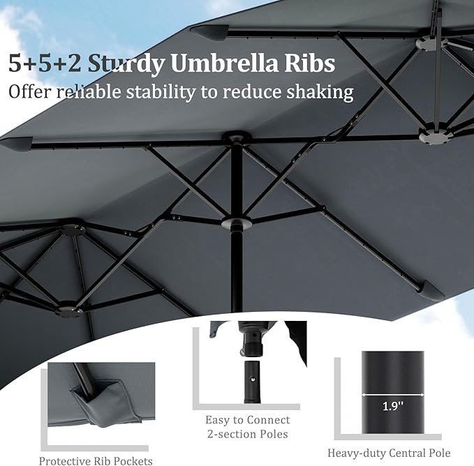 HAPPYGRILL 13 FT Double-sided Patio Umbrella with Solar Lights, Crank Handle & 12 Heavy-Duty Ribs, Outdoor Twin Size Oversized Rectangle Market Umbrella for Garden Deck Poolside