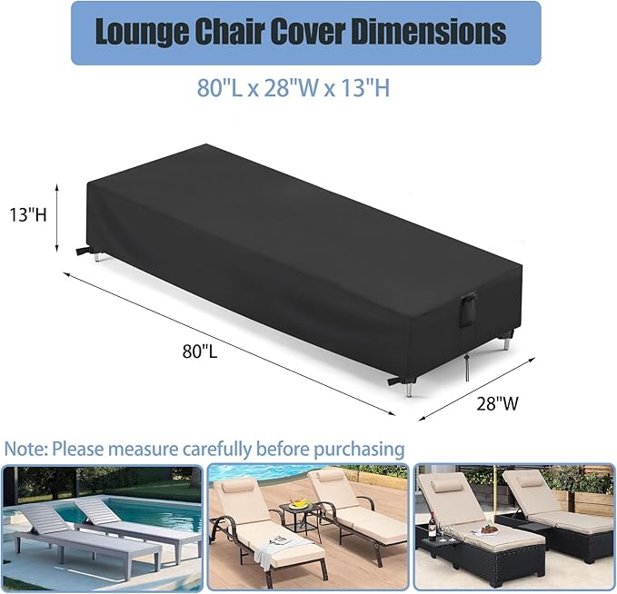 Chaise Lounge Covers, 2 Pack Waterproof Outdoor Lounge Chair Covers for Patio Furniture, Pool Lounge Chair Outdoor Furniture Cover - 80"L x 28"W x 13"H, Black