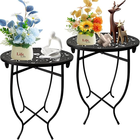 Small Patio Table, 17Inch Height Metal Patio Side Table with Flower Cut Design, 14'' Round Small Outdoor Side Tables for Patio Yard Porch Balcony Garden Bedside Plant Stand Indoor Outdoor 2Pack