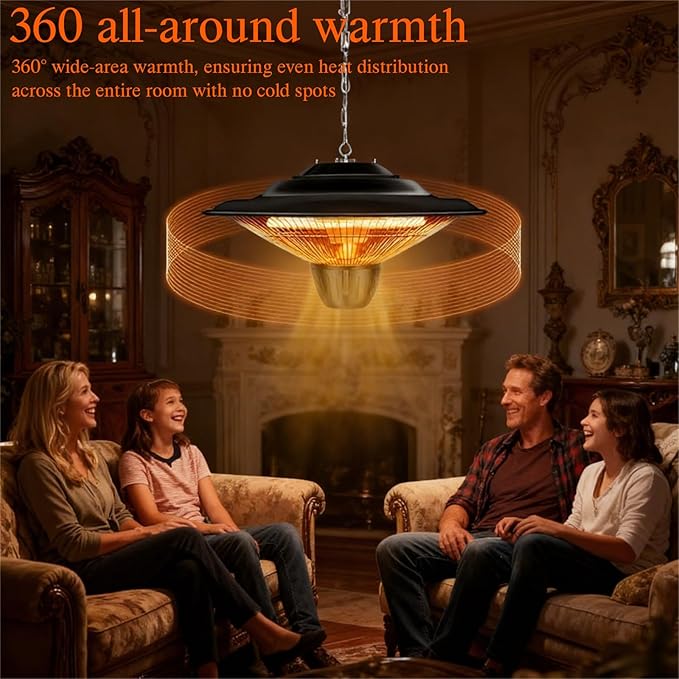 Hanging Infrared Electric Heater, 1500W Ceiling Mounted Heater Outdoor Indoor, IP34 Waterproof & Quiet Fanless, Tip-over/Overheat Protection for Patio, Garage, Gazebo, Home Use
