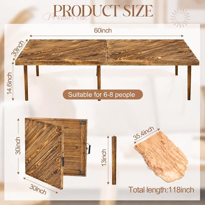 Novabright 8 Person 30 x 60 Inches Boho Table Low Folding Picnic Table Beach Portable Low Wood Floor Event Foldable Garden Wedding Party Camping Picnic with Runner Set(Dark Brown)