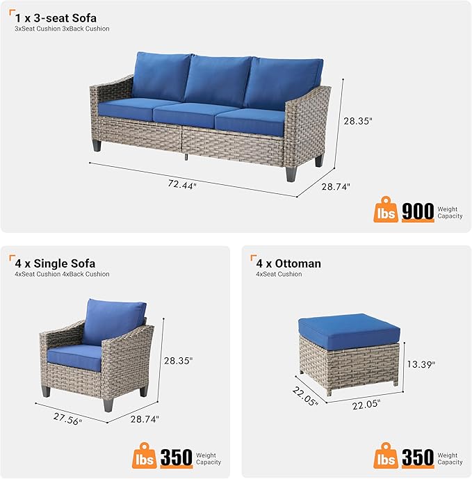 9 PCS Outdoor Patio Furniture Set, All-Weather Rattan Wicker Conversation Group with Deep Seating, High Back Comfort for Porch, Backyard, Blue