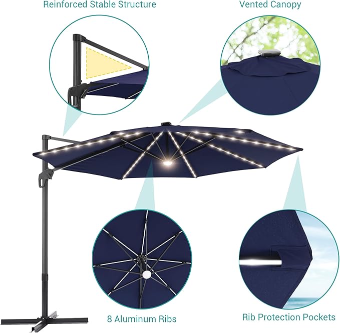 FLAME&SHADE 11 ft Cantilever Offset Patio Umbrella, Large Heavy Duty Outdoor Patio Umbrella Aluminum 360° Rotation Round Outdoor Umbrella for Deck,Pool,Backyard