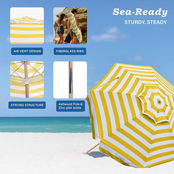 AMMSUN 7.5ft Heavy Duty HIGH Wind Beach Umbrella Commercial Grade Patio Beach Umbrella with Air Vent Ash Wood Pole & Carry Bag UPF 50+ Protection Yellow and white stripe