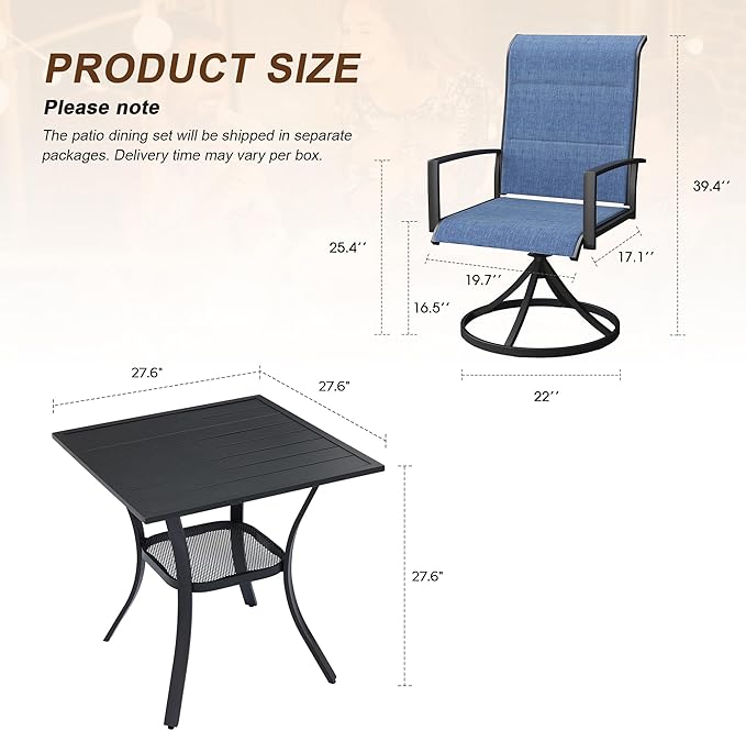 VICLLAX 3 Pieces Outdoor Dining Set, Patio Furniture Set Includes 27.6" Square Metal Table W/ 1.9" Umbrella Hole and 2 Padded Textilene Swivel Chairs for Porch, Lawn, Garden, Backyard