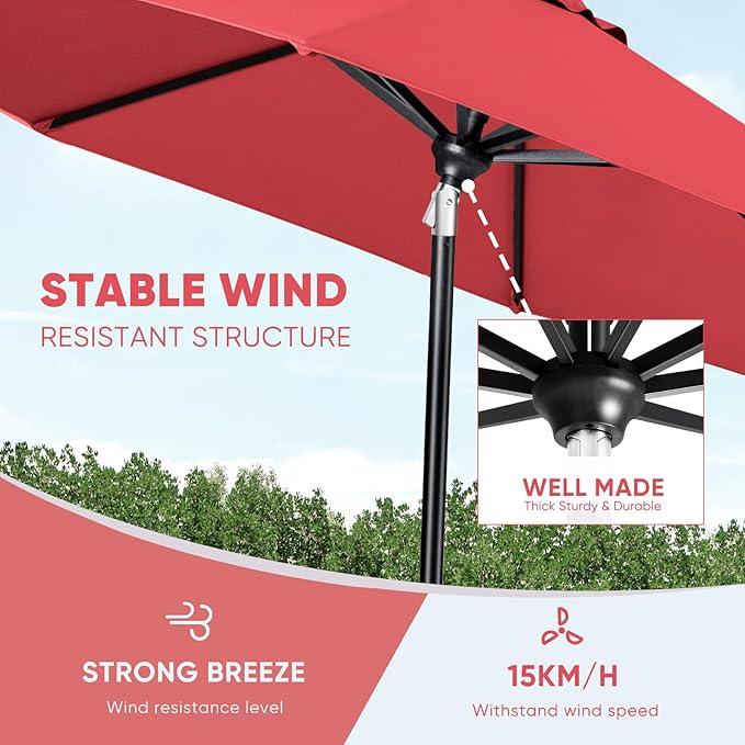 Tempera Patio Market Outdoor Table Umbrella with Auto Tilt and Crank, Large Sun Umbrella with Sturdy Pole & Fade Resistant Canopy, Easy to Set