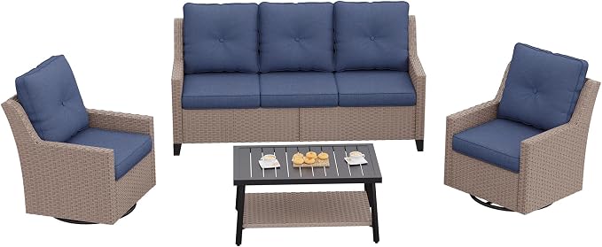 NestNook 4 Piece Patio Furniture Set, Outdoor Rattan Swivel Glider Chairs Set of 2 with 3-Seater Sofa and Coffee Table Wicker Patio Conversation Set for Backyard Balcony & Poolside（Blue）