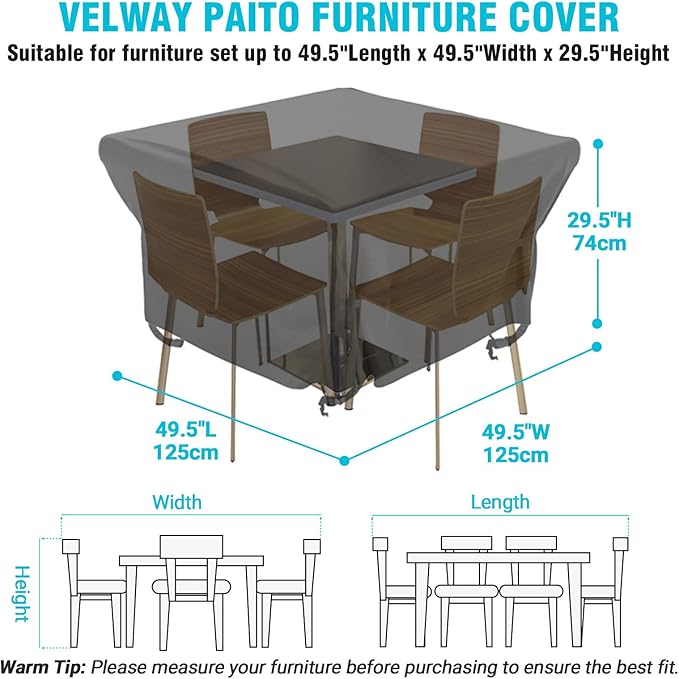 Velway Patio Furniture Cover Outdoor, Waterproof Square Patio Table Chair Sofa Set Cover, 50”Lx50”Wx29”H, All Weather Oxford Tear-Resistant Material with Zipper Carrying Bag Windproof Buckles
