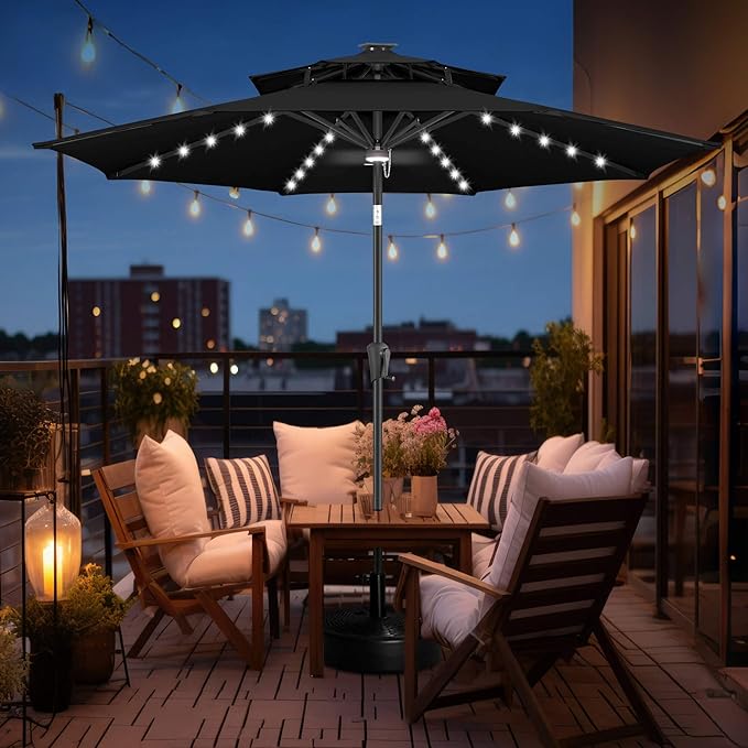 FLAME&SHADE 2 Tiers 9ft Solar Light Patio Umbrella, 40 LED Lights Outdoor Umbrella with Centre Surround Light, Table Market Umbrella for Deck, Pool, Porch, Backyard, Garden (Black)
