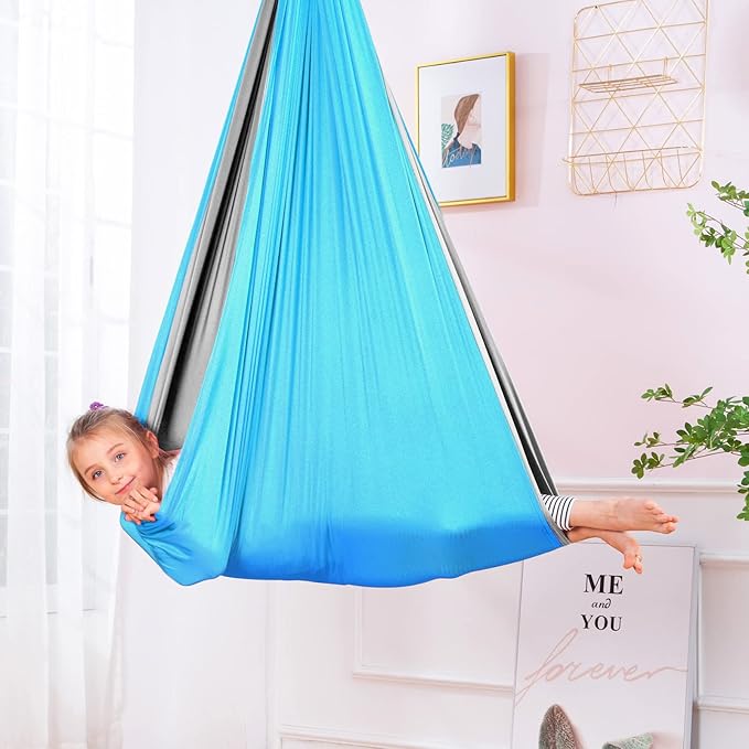Therapy Swing Hammock Kids Cuddle Sensory Swing Indoor Therapeutic Hammock 360° Rotating Double Layer Elastic Rocking Cloth Swing Gifts for Children with ADHD SPD Asperger Autism (Sky Blue+Grey)