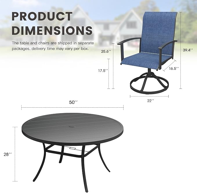 7 Pieces Round Patio Dining Set, Outdoor Furniture of 50" Round Patio Table and Patio Swivel Chairs for Backyard Lawn Garden, Black Table and Dark Blue Chairs