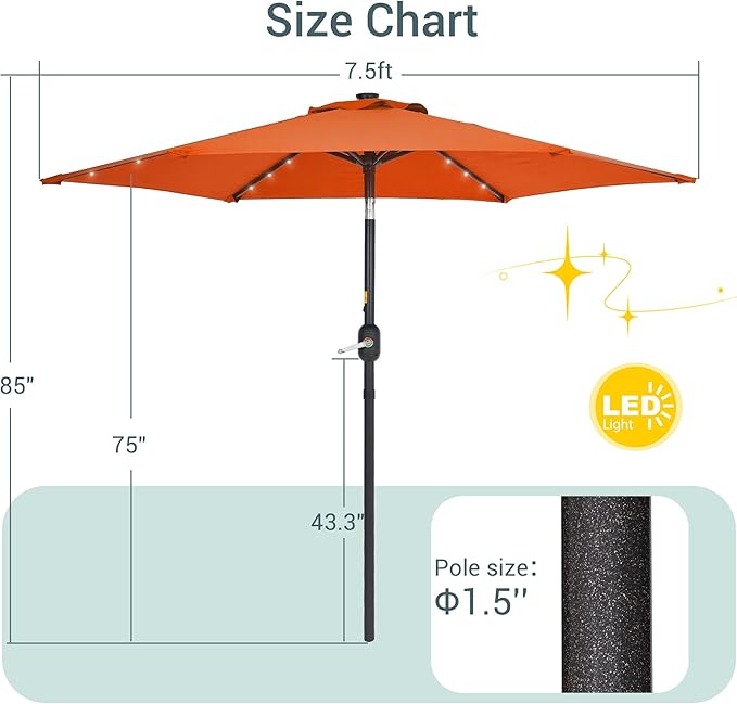 7.5ft Outdoor Umbrella Patio Umbrella with Solar Lights,18 LED Lighted Table Market Outdoor Umbrella, 2-Year-Non-Fading, for Pool, Deck, Garden,Backyard