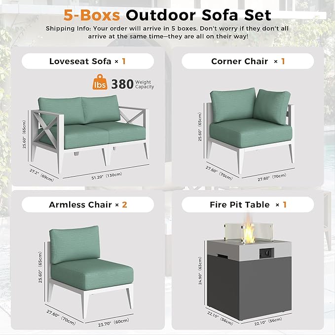 Aluminum Outdoor Furniture Set with Fire Pit Table,5-Seats Conner Patio Sectional Conversation Sofa with 5.2" All-Weather Cushions and Coffee Table,Outdoor Patio Furniture Set(White)