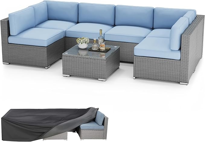 8 Pieces Outdoor Patio Furniture Set with Waterproof Cover, Grey Wicker Patio Sectional Sofa Set, Outdoor Couch with Cushion and Tempered Glass Table, Sky Blue