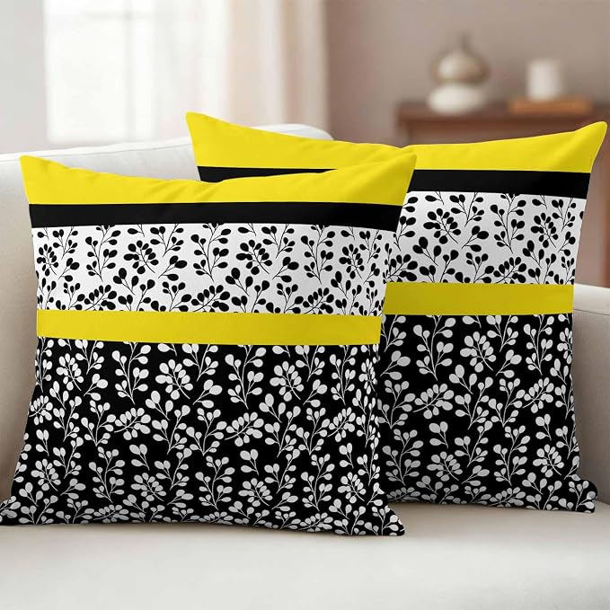 Black Yellow Outdoor Pillow Covers 24x24 Inch Throw Pillow Covers Set of 2 Waterproof Decorative Pillow Cases Garden Floral Stripe Aesthetic Flower Boho Cushion Covers for Patio Furniture Garden Couch