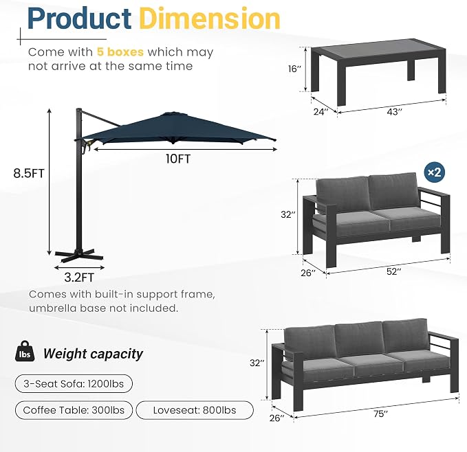 Wisteria Lane 5 Pieces Aluminum Patio Furniture Set with Umbrella, All Weather Oversized Outdoor Furniture Set with Deep Seat and Back Cushion, Patio Conversation Sets with Wide armrest, Gray & Navy