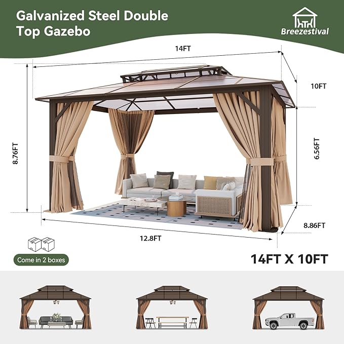 10’x14’ Hardtop Gazebo with Double Polycarbonate Roof Outdoor Metal Gazebo Sturdy Aluminum Frame & Removable Curtains, Netting Permanent Pavilion Pergola for Garden,Patio,Lawn (Brown)