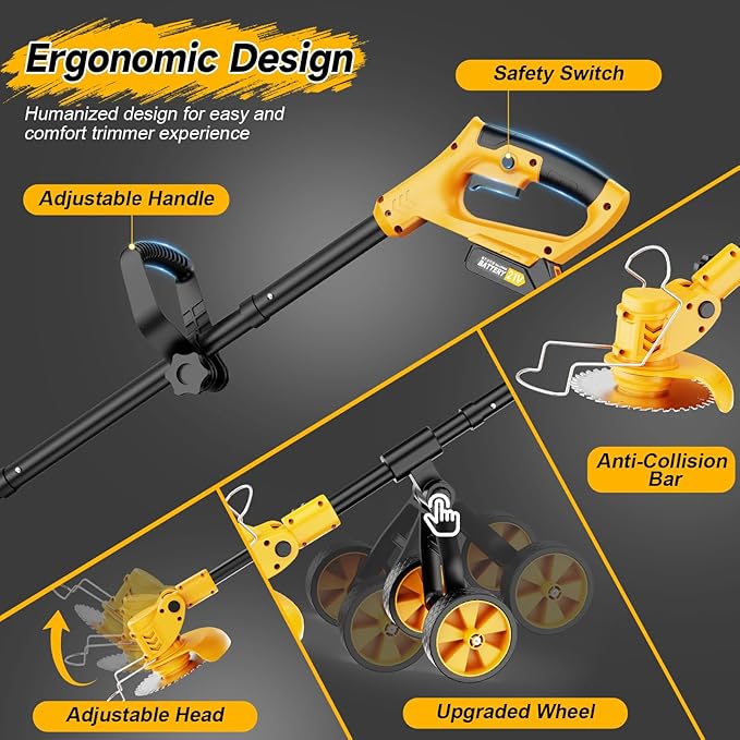 Electric Weed Wacker Cordless with Wheels,Electric Weed Eater Battery Powered,4 in 1 Grass Trimmer/Brush Cutter/Grass Edger/Small Lawn Mower,No String Trimmer with Metal Blade,2 Battery (Black Yellow)