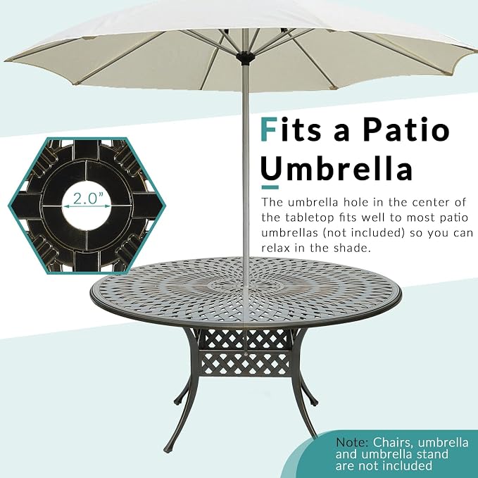 MEETWARM 61" Round Cast Aluminum Patio Dining Table, Weather-Resistant Large Outdoor Dining Table for 8 Person, Patio Furniture Table with Umbrella Hole and Adjustable Foot Pads, Dark Bronze