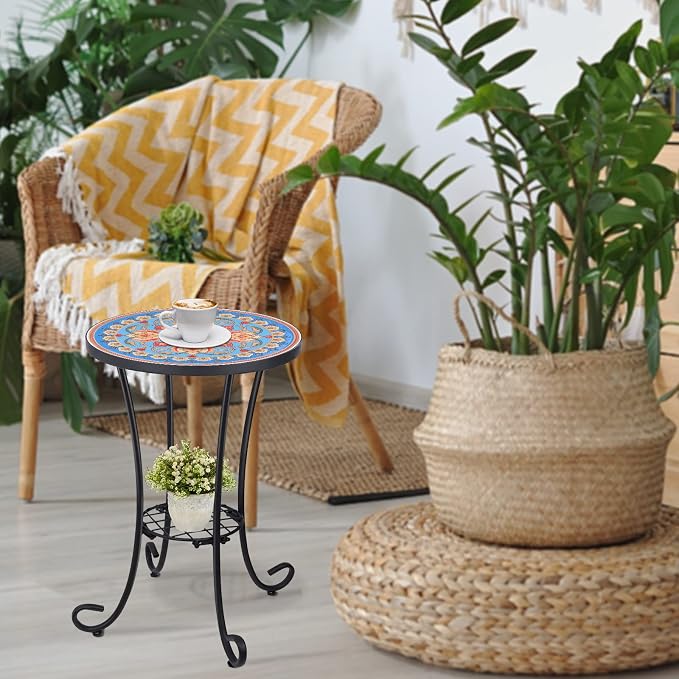 VCUTEKA Outdoor Side Table Mosaic Patio Table Accent Tables Mosaic Tile Top Metal Frame Small End Tables Porch Beach Patio Garden Balcony Blue 14''