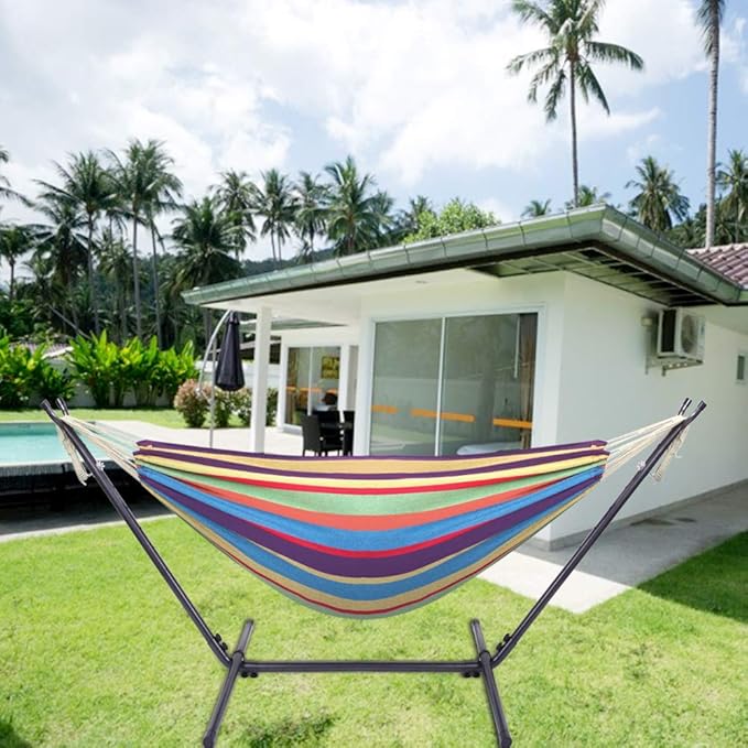 Portable Outdoor Polyester Hammock Set,Single Person Brazilian Hammock,Garden Cotton Hammocks,Indoor Swing Hammock Chair,with Stand & Carry Bag,for Outside Patio Porch Poolside Backyard (Rainbow)