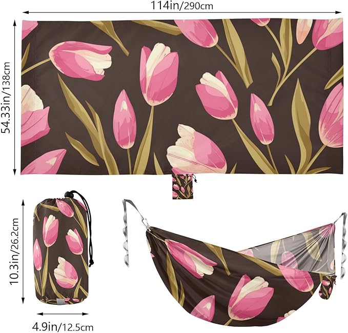 Pink Tulipa Green Leaves Flat Illustration Style 330lb Capacity Outdoor Hammocks with Hanging Rope Rope Hammock for Indoor Outdoor Patio soporte para hamacas para adultos
