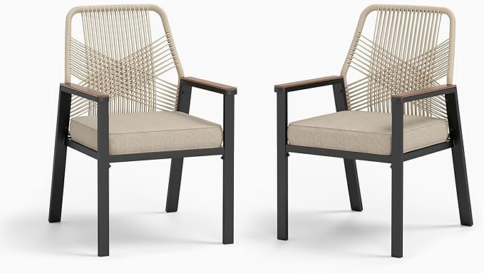 MIXPATIO Patio Wicker Chair Sets of 2, Outdoor Dining Chairs with 3.1 inch Seat Cushions, Sturdy Metal Frame & Wood Grain Armrest, Patio Dining Chairs for Porch Backyard, Beige