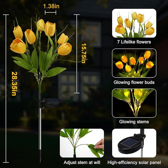 Aolyty Solar Garden Lights Outdoor, Solar Tulip Lights 2 Pack with 14 Tulip Flowers, IP65 Waterproof LED Stake Light for Pathway Patio Yard Landscape Decorative (Yellow)