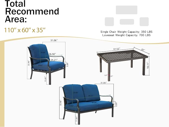 Domi Outdoor 4 pcs Patio Conversation Set, Metal Dining Table and Chairs Dining Set with Removable Navy Blue Cushions for Garden Lawn Yard