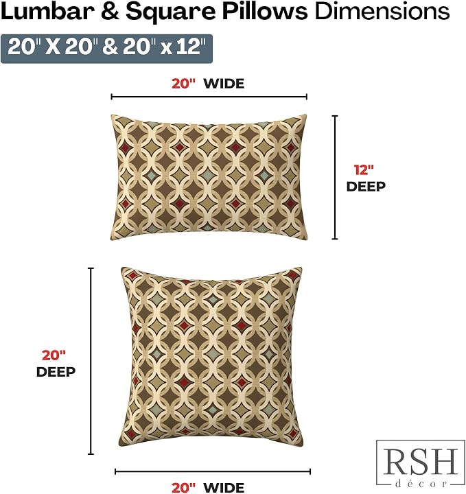 RSH DECOR: Sunbrella Lumbar & Square Pillows Set of 4 | 20" x 12" & 20" x 20" | Water and Fade-Resistant Performance Fabric | Outdoor Throw Pillows for Patio Furniture | Made in USA (Tango Mink)