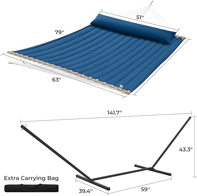 SUPERJARE Hammock with Stand, 2 Person Quilted Outdoor Hammock, Detachable Pillow & Bamboo Spreaders, Portable Hammock with Carrying Bag, Heavy Duty Stand, Perfect for Outside, Patio, Navy Blue