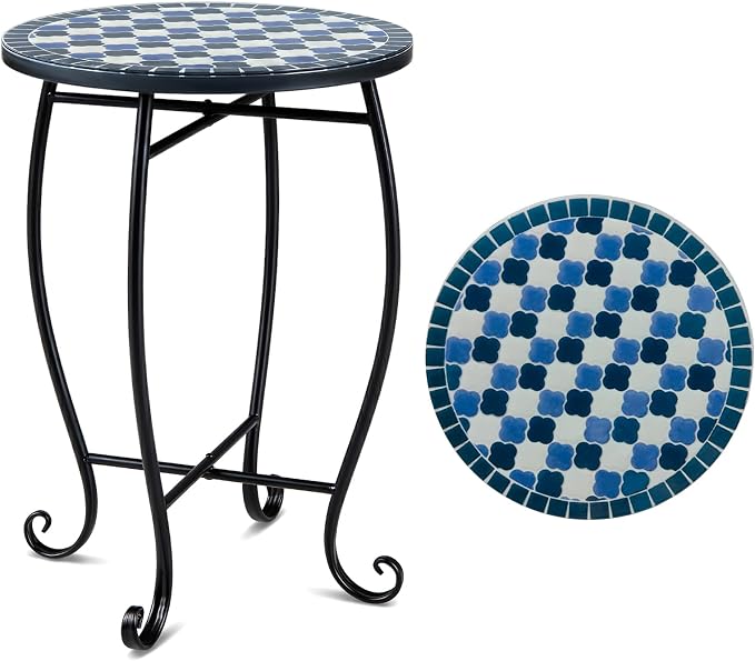 Giantex Outdoor Side Table, Floral Clover Mosaic Patio Accent Table, 14" Coffee End Table, Indoor Outdoor Metal Plant Stand for Porch Garden Balcony Desk