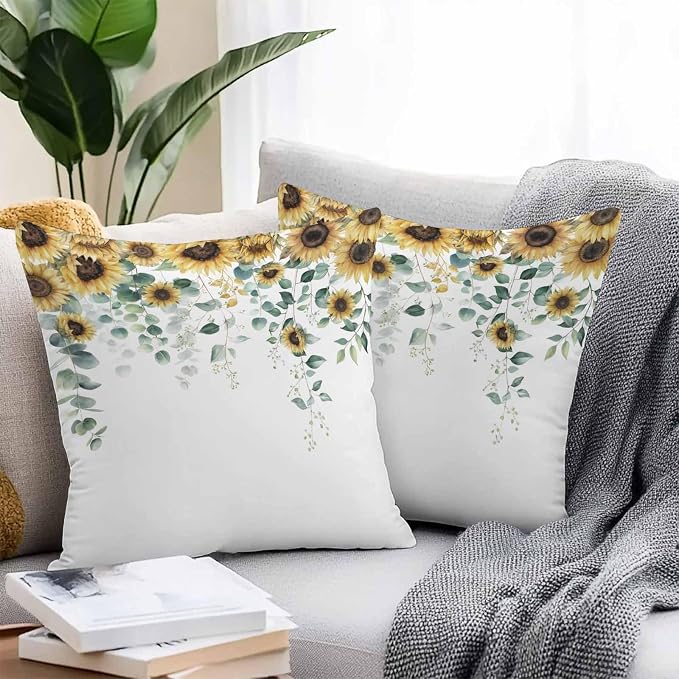 Vandarllin Outdoor Throw Pillows Covers 26x26 inch Set of 2 Waterproof Green Eucalyptus Leaves Decorative Zippered Cushion Covers for Patio Furniture, Watercolor Sunflower Lumbar Pillowcases
