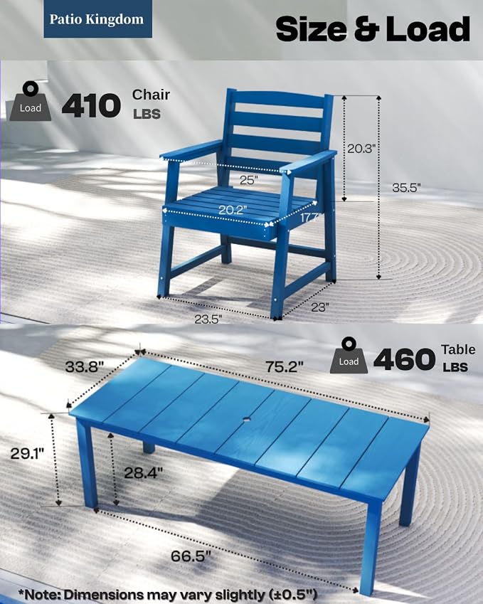 7-Piece Outdoor Dining Set with 75.2" Table for 6,Navy Blue | HDPE material, umbrella hole design, weather-resistant furniture, perfect for garden, lawn, poolside, yard, balcony, deck