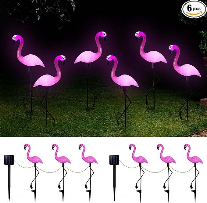 Solar Flamingo Light 6 Pcs, Waterproof Solar Garden Lights Outdoor Decor, Pink Flamingo Garden Decor, Birthday Christmas New Home Gift, for Yard Lawn Walkway Pathway