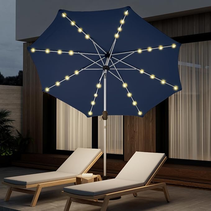 9FT Aluminum Patio Umbrella with 40-LED Solar Lighted, Fade-Resistant Outdoor Market Table Umbrella with Push Button Tilt Function, 8 Sturdy All-Aluminum Ribs for Gardens, Decks, Backyards & Pools