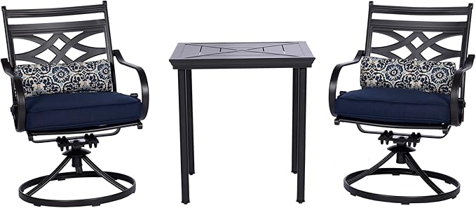 Hanover Montclair 3-Piece Patio Conversation Set, 2 Swivel Rocker Chairs with Comfortable Seat and Lumbar Cushions, 27" Square Stamped Rectangle Table, All-Weather Outdoor Bistro Set