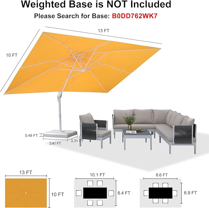 PURPLE LEAF 10' × 13' Patio Umbrella White Cantilever Umbrella Aluminum Square Outdoor Offset Umbrella Hanging Windproof with 360° Rotation for Garden Deck Pool, Yellow