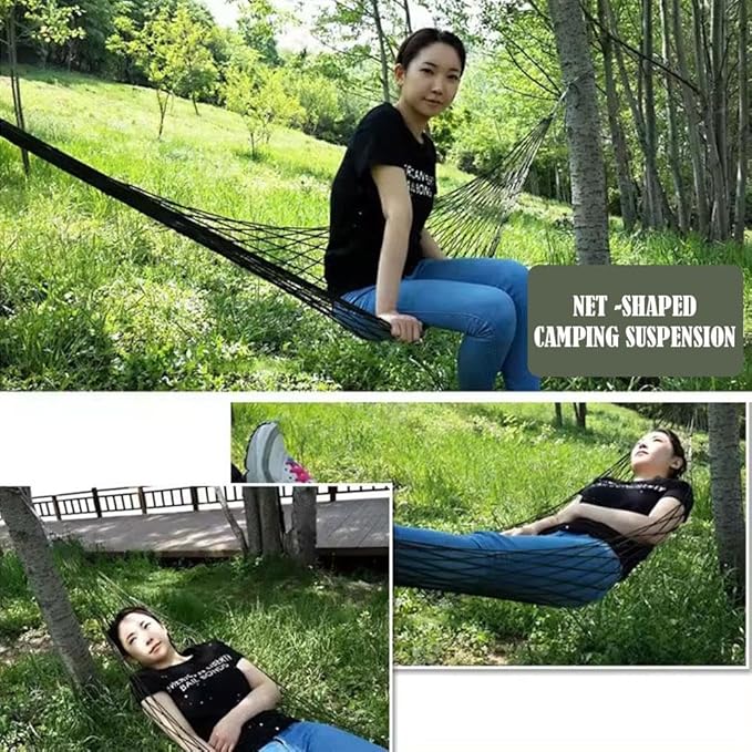 Outdoor Travel Camping Sport Hammock, Outdoor Sport Hammock Net Mesh Nylon Rope Sleeping Bed Swing with Hooks for Garden Beach Yard Travel (Army Green)
