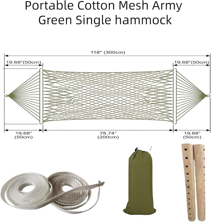 Portable Camping Hammock 79"x32" Anti-Rollover Mesh Hammock with Wooden Spreader Bar, Lightweight Hanging Hammock for Backyard Patio Travel Indoor Outdoor, White/Brown/Army Green