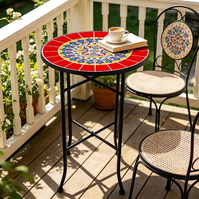 Mosaic Outdoor Side Table Small Round Patio Table Plant Stand | 21" Accent End Table with 14" Ceramic Tile Top for Small Spaces Porch Pool Garden Decor Indoor Living Room Bedroom Balcony