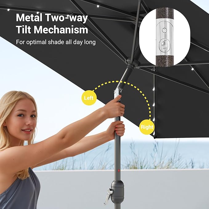Rectangle Patio Umbrella with Solar Lights, 10 x 6.5ft Rectangular Outdoor Umbrella Table Market Patio Umbrella with Push Button Tilt and Crank for Garden, Deck, Backyard, Pool