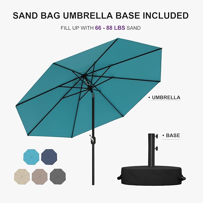 PURPLE LEAF 9' Round Patio Umbrella Outdoor Table Umbrella Aluminum Frame Market Umbrella with 8 Sturdy Ribs & Tilt for Garden Deck Lawn Pool Turquoise Blue
