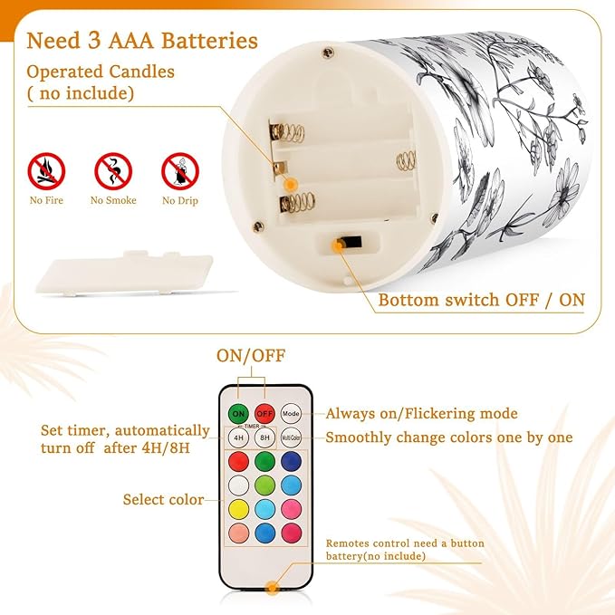 Graffiti Flower Pattern Flameless Candles Color Changing LED Candles with Remote Control Battery Candles for Outdoor and Indoor Home and Room Decoration, 3'' x 4''/5'' Set of 2 Pieces
