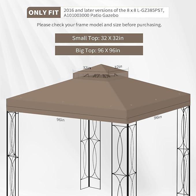 8'x8' Gazebo Top Canopy Replacement Cover - Double Tier Top Canopy Cover Replacement with UV30+, Dirt, Water Resistant for Outdoor, Garden, Pavilion (Khaki)